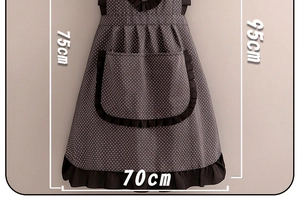 Polka dot canvas apron with ruffles showing 75x95x70 cm size dimensions and large pocket