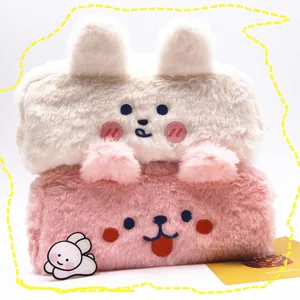 Cute plush animal pencil case set featuring bunny ears in white and pink colors