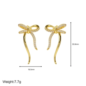 Elegant 18k gold plated brass bow earrings with zircons and product dimensions