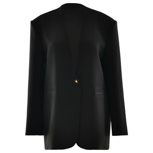 Elegant slim-fit black blazer for women featuring a single gold button and deep V-neckline