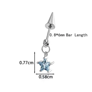 Star-shaped cartilage piercing with blue zircon pendant and conical spike back screw