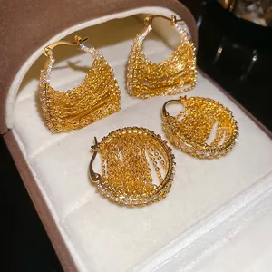 18k gold plated chain earrings with cubic zirconia in circular and triangle shapes