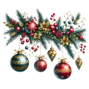 Christmas wall decal with colorful hanging ornaments and green pine needle decorations