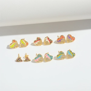 Minimalist heart and triangle stud earrings set with colorful enamel and crystals
