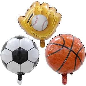 Three-piece foil sports balloons featuring a gold baseball glove, classic soccer ball, and basketball
