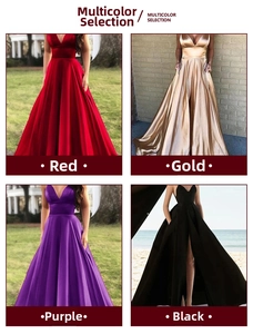 Collage de robes de soirée élégantes en satin à col en V en rouge, or, violet et noir