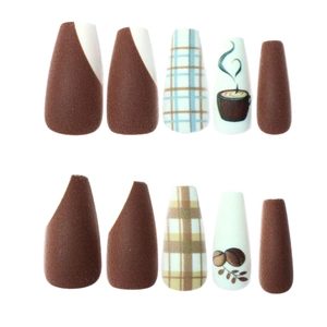 Brown coffee-themed long coffin press-on nails with plaid patterns and matte finish