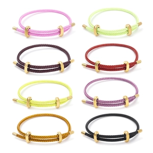 Adjustable woven cord bracelets in eight vibrant colors with gold metal buckles