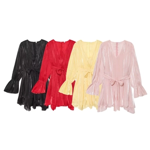 Long sleeve V-neck pleated dress in metallic fabric, shown in black, red, yellow and pink