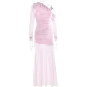 Detail of pink mesh ruching and one-shoulder sleeve on a slim fit maxi dress