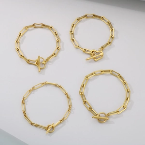 Minimalist gold-tone OT toggle bracelet set with heart clasp and paperclip chains