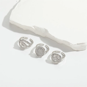 Three-piece set of silver-tone micro-paved zircon open rings with swirl and round designs