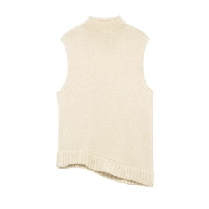 Chic off-white knitted vest featuring a high collar and asymmetric hemline back view