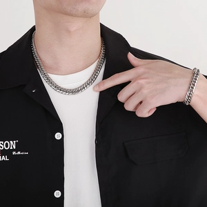 Men's heavy double-weave stainless steel cuban chain necklace and bracelet set