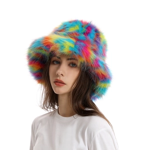 Front view of fluffy rainbow faux fur bucket hat with long plush texture for winter