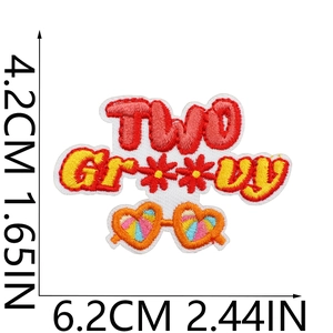 Detailed view of TWO Groovy embroidery patch with heart glasses and dimensions