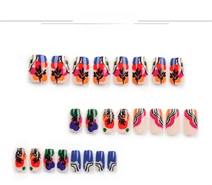 Detail view of colorful press-on nails featuring hand-painted floral and geometric patterns