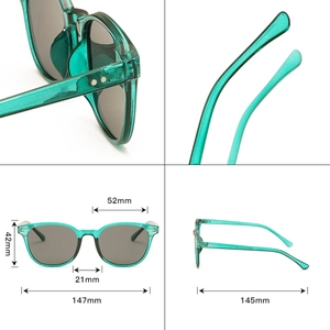 Transparente grüne Sonnenbrille mit grauen Gläsern, Nietendetails und genauen Maßen
