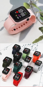 Macro shot of rectangular LED digital sport watch with colorful silicone straps