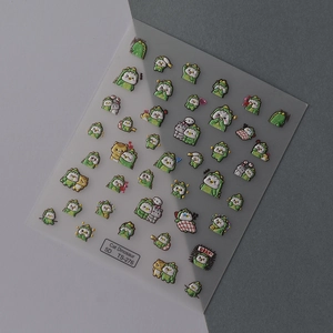 5D embossed nail art stickers featuring cute green cat dinosaur cartoons on sheet TS-276