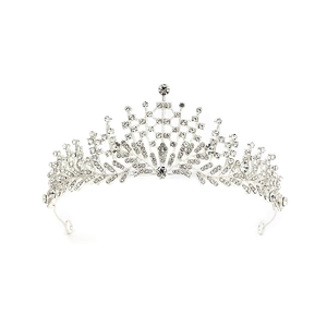 Detailed view of Baroque vintage bridal tiara with silver rhinestones and ornate leaf pattern