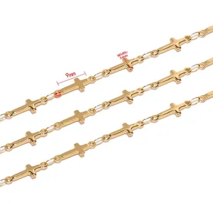 Detail view of 5mm gold stainless steel cross chain link with dimension markings