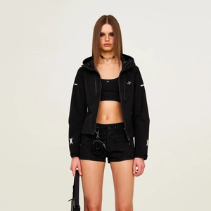 Women Outdoor Hooded Functional Jacket Windproof Waterproof Multi-Pocket Zip-Up Slim-Fit Urban Techwear Streetwear Black