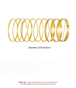 Detailed set of 11 gold alloy bangles with textured patterns and polished finishes