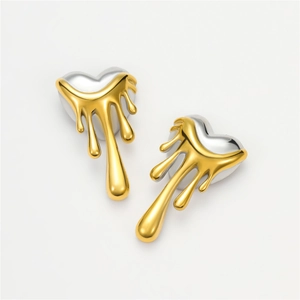 Retro two-tone heart stud earrings with 18K gold plated molten liquid metal effect