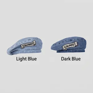 Denim flat-top beret hats in light and dark blue with DG FAMILY embroidered patch