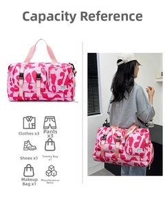 Pink leopard print travel bag with independent shoe compartment and large capacity storage