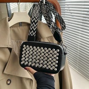 Rivet Studded Small Square Crossbody Bag Women PU Leather Camera Shoulder Bag Wide Geometric Pattern Strap Punk Style