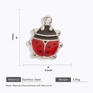 Detail showing ladybug pendant specs: stainless steel, 12mm size, red and black finish