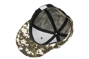 Detailed interior of a camouflage hip hop cap showing sweatband and adjustable plastic strap