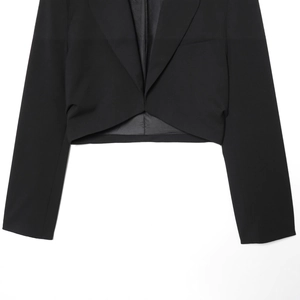 Women's black cropped blazer with shoulder pads and ruched detailing in flat lay view