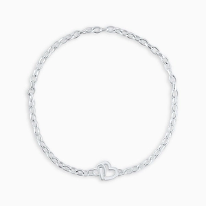 Silver stainless steel paperclip chain bracelet with interlocking double heart pendants