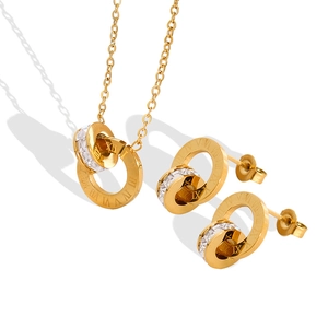 Roman numeral jewelry set with 18K gold plated necklace and earrings with rhinestones