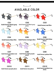 Collection of twelve star-shaped rimless sunglasses in vibrant colors with gold metal temples