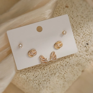 Set of 3 18K gold plated earrings with zircon studs, butterfly and GG patterns
