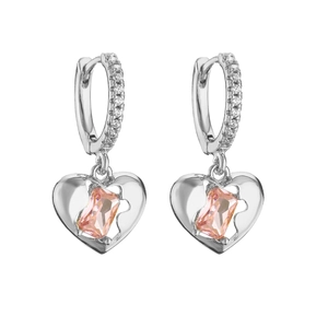 Exquisite silver hoop earrings featuring pink heart-shaped pendants and cubic zirconia