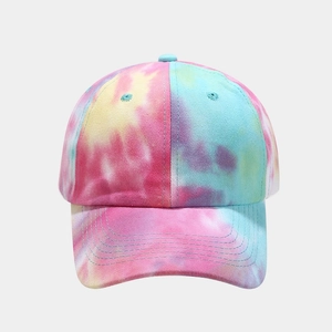 Fashionable tie-dye baseball cap featuring a blend of pink, yellow, and blue colors