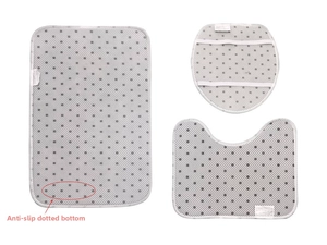 Detail view of non-slip dotted backing on grey three-piece bathroom mat set