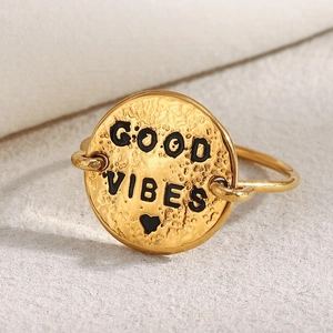 Good Vibes Engraved Ring 18K Gold Plated Stainless Steel Round Disc Hammered Texture Retro Minimalist Jewelry For Women