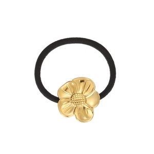 Elastic black hair tie featuring a polished gold titanium steel floral ornament center