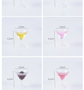 Detailed macro view of four miniature cocktail glass models in various colorful resin colors