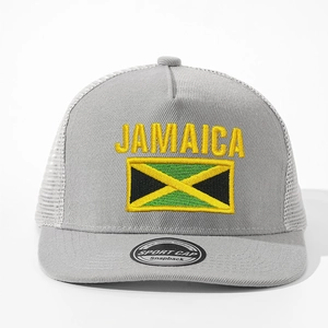 Detail of grey Jamaica trucker cap with yellow embroidery and white breathable mesh back
