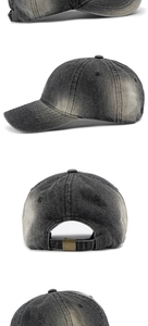 Detail views of vintage washed denim baseball cap with gradient finish and metal buckle