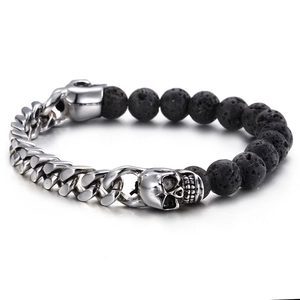 Skull Bracelet For Men Natural Volcanic Lava Stone Stainless Steel Cuban Link Chain Punk Gothic Vintage Hip Hop Jewelry