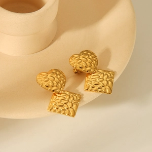 Stainless Steel Heart Square Stud Earrings With Hammered Texture 18K Gold Plated Vintage INS Style For Women