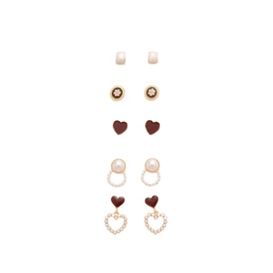 5-pair gold and burgundy pearl stud earring set with heart and geometric flower designs
